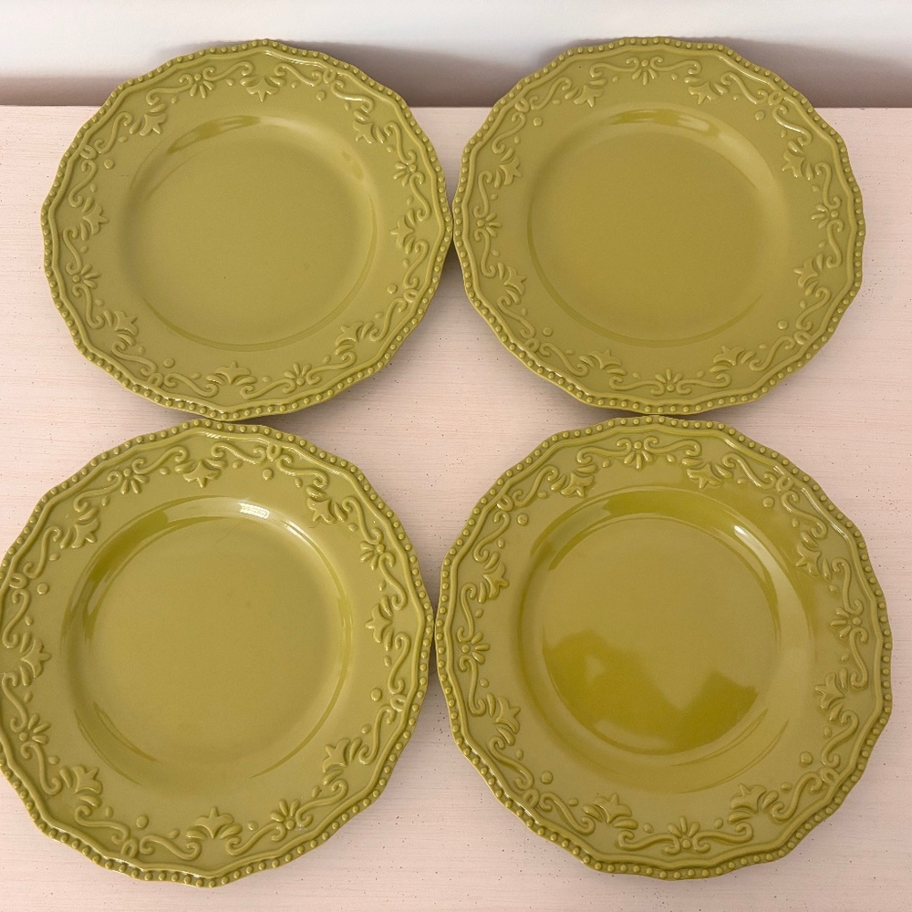 Set of 4 olive green embossed salad melamine plates